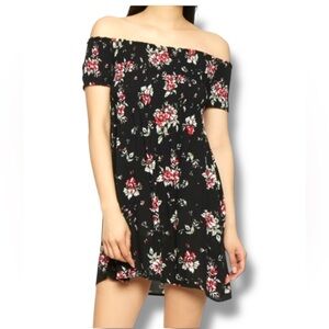 Ambiance Short Sleeve Off the Shoulder Elastic Smock Bodice Swing Mini Dress S